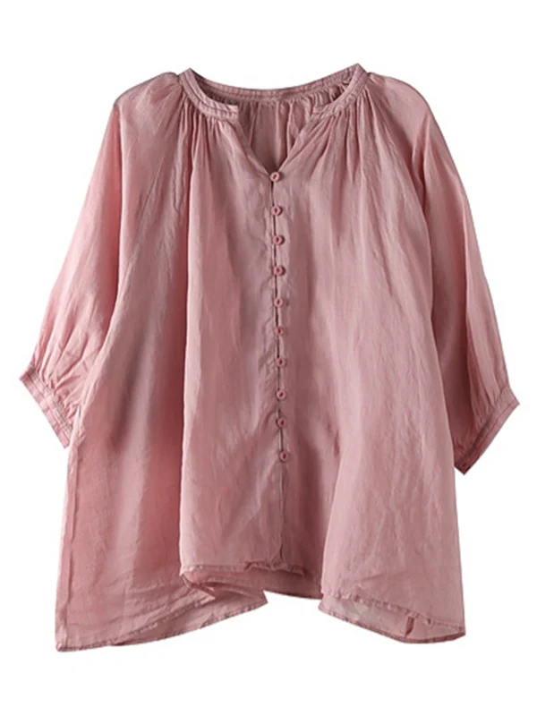 Black&Pink High-Low Half Sleeve Ramie Cotton Loose Shirt - Image 10