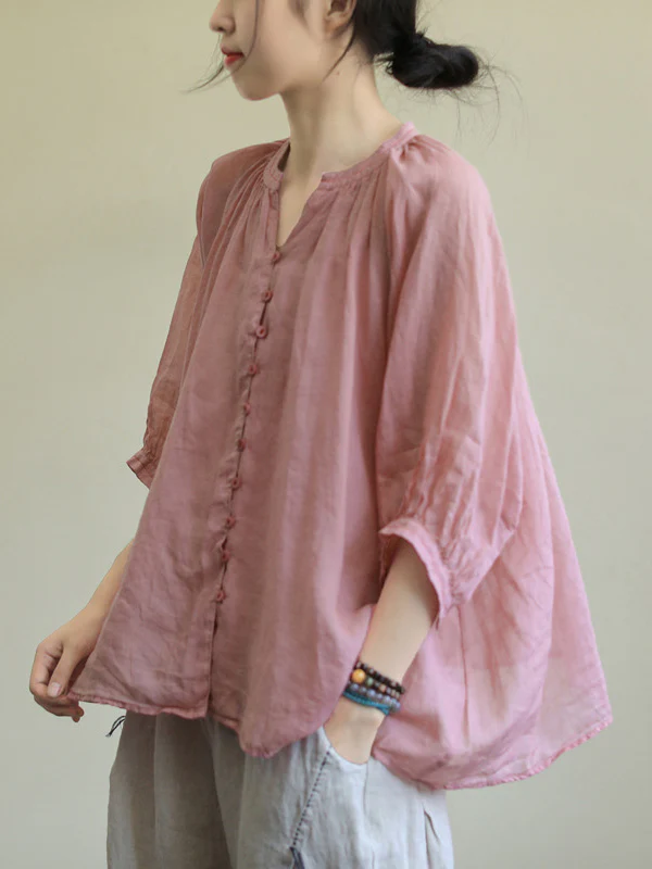 Black&Pink High-Low Half Sleeve Ramie Cotton Loose Shirt - Image 2