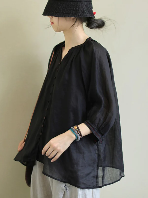Black&Pink High-Low Half Sleeve Ramie Cotton Loose Shirt - Image 3