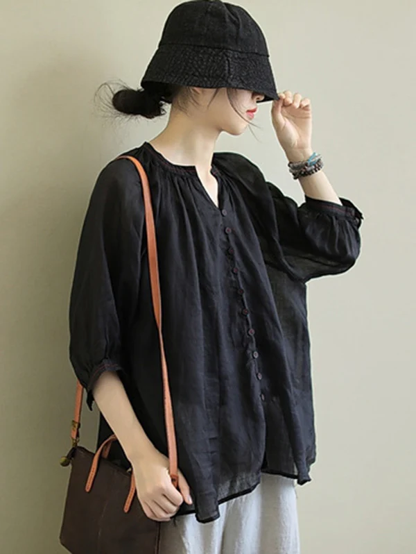 Black&Pink High-Low Half Sleeve Ramie Cotton Loose Shirt - Image 4