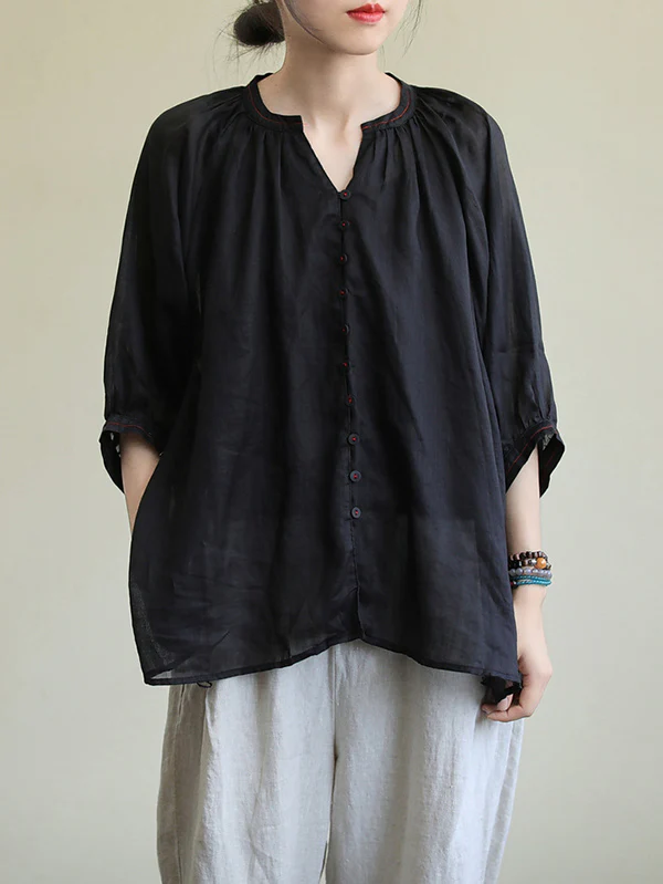 Black&Pink High-Low Half Sleeve Ramie Cotton Loose Shirt - Image 5