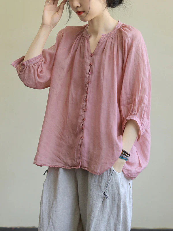 Black&Pink High-Low Half Sleeve Ramie Cotton Loose Shirt - Image 6