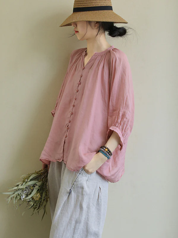 Black&Pink High-Low Half Sleeve Ramie Cotton Loose Shirt - Image 7