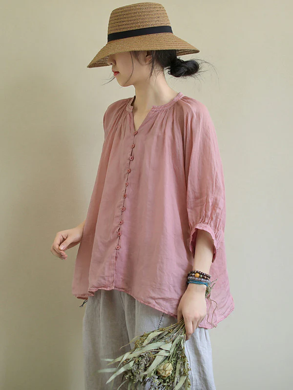 Black&Pink High-Low Half Sleeve Ramie Cotton Loose Shirt - Image 8