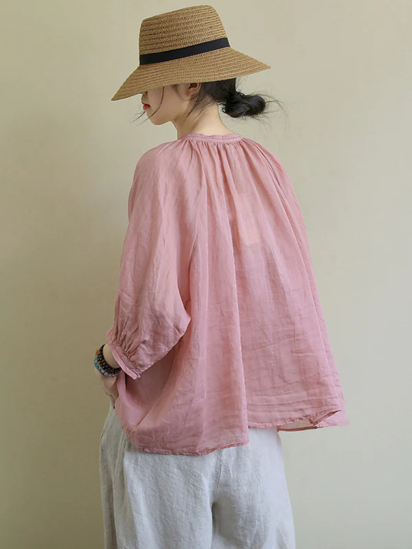 Black&Pink High-Low Half Sleeve Ramie Cotton Loose Shirt - Image 9