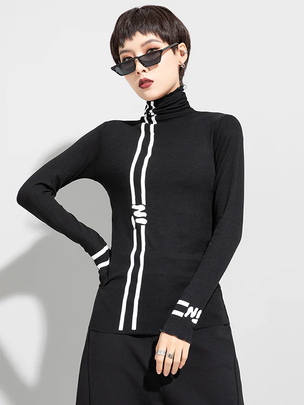 Black Printed High-Neck Long Sleeve T-Shirt - Image 2