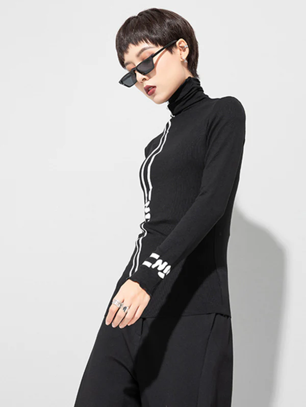 Black Printed High-Neck Long Sleeve T-Shirt - Image 3