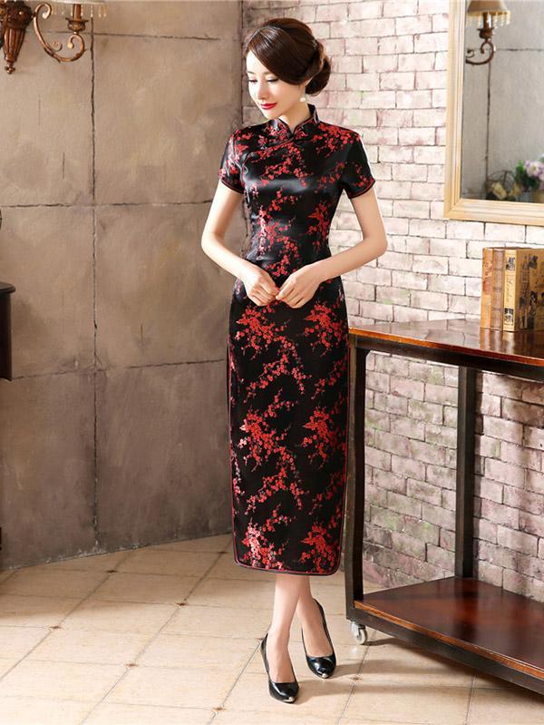 Black Red-flower Print Split-side Long Cheongsam - Image 2