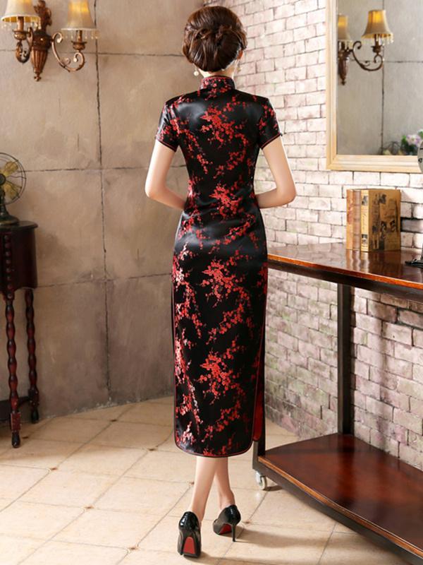 Black Red-flower Print Split-side Long Cheongsam - Image 5