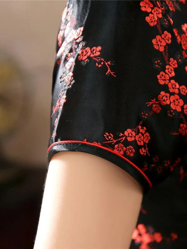 Black Red-flower Print Split-side Long Cheongsam - Image 8