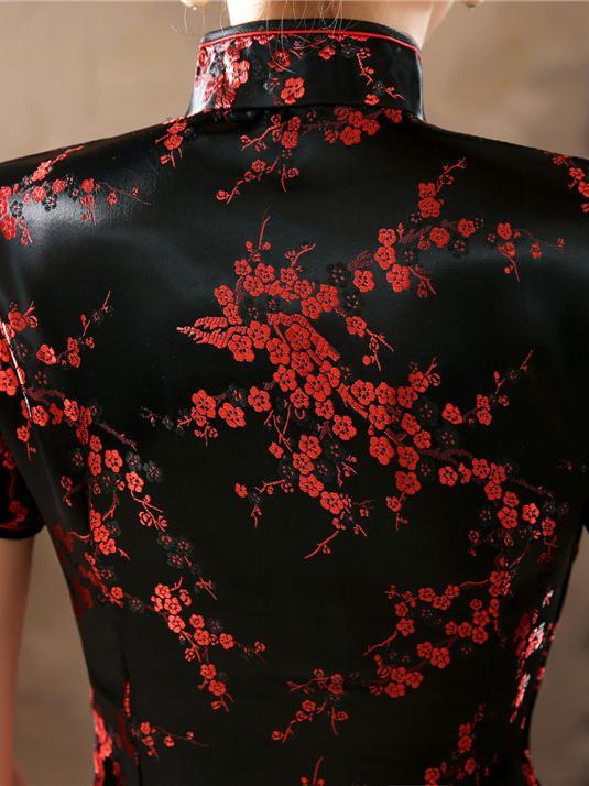 Black Red-flower Print Split-side Long Cheongsam - Image 9