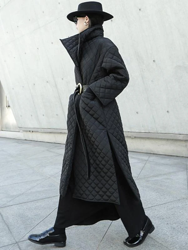 Black Rhombic Split-Side High Collar Long Coat - Image 10