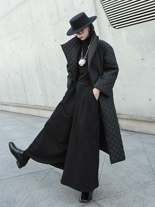Black Rhombic Split-Side High Collar Long Coat - Image 11