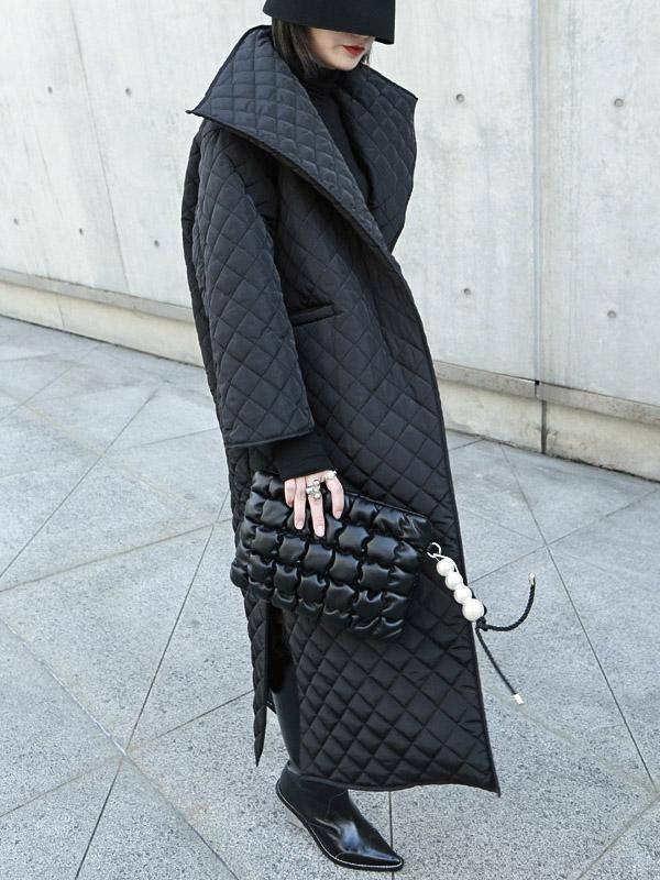 Black Rhombic Split-Side High Collar Long Coat - Image 12
