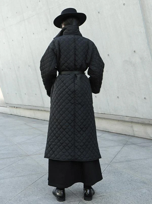 Black Rhombic Split-Side High Collar Long Coat - Image 13