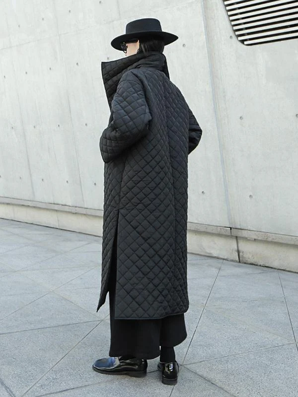 Black Rhombic Split-Side High Collar Long Coat - Image 14