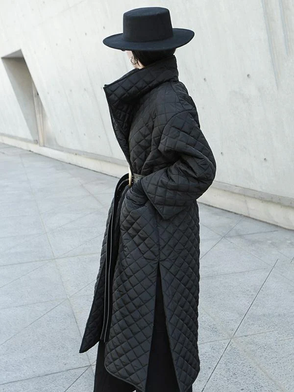 Black Rhombic Split-Side High Collar Long Coat - Image 15