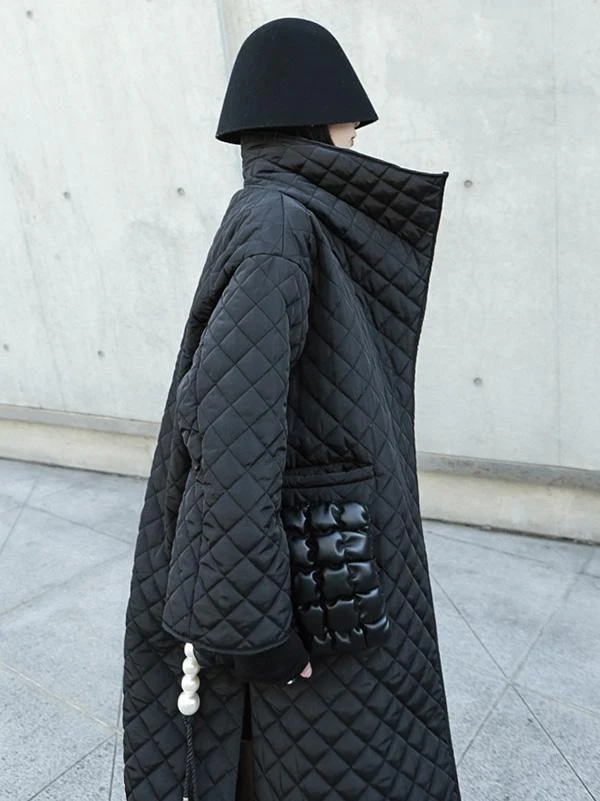 Black Rhombic Split-Side High Collar Long Coat - Image 16
