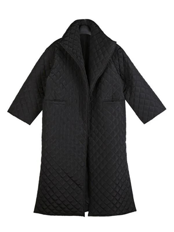 Black Rhombic Split-Side High Collar Long Coat - Image 17