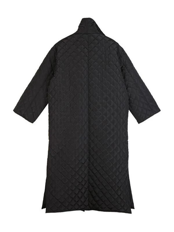 Black Rhombic Split-Side High Collar Long Coat - Image 18