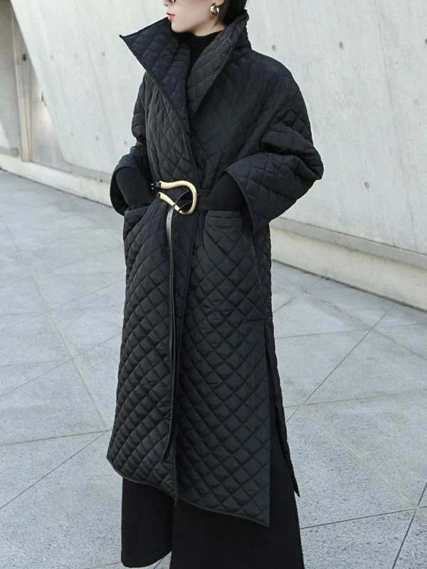 Black Rhombic Split-Side High Collar Long Coat - Image 2