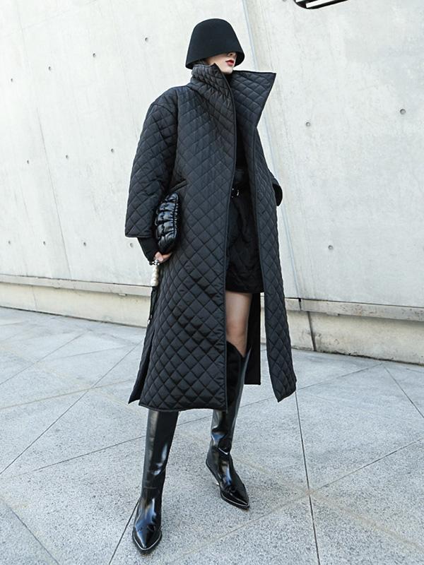 Black Rhombic Split-Side High Collar Long Coat - Image 3