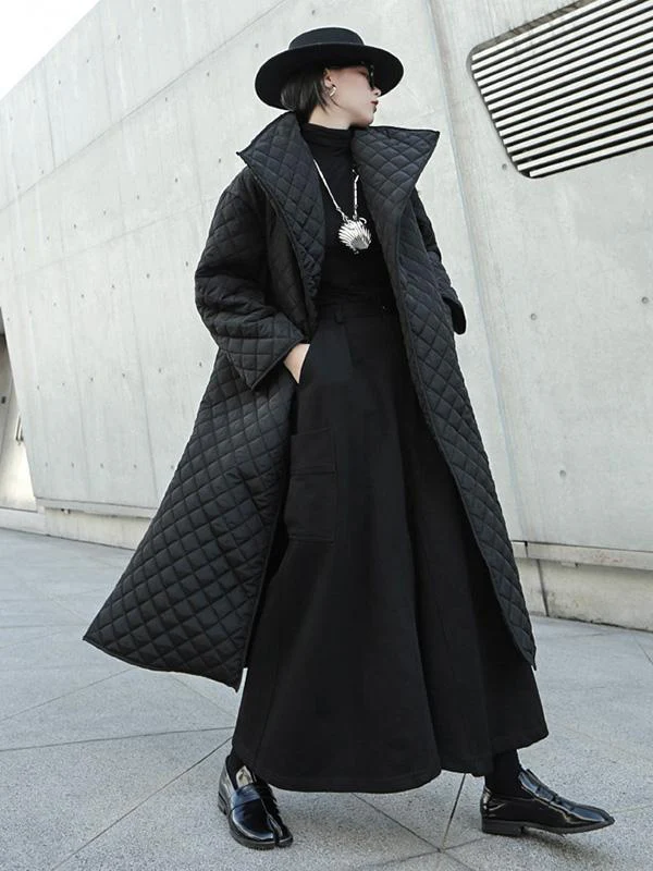 Black Rhombic Split-Side High Collar Long Coat - Image 4