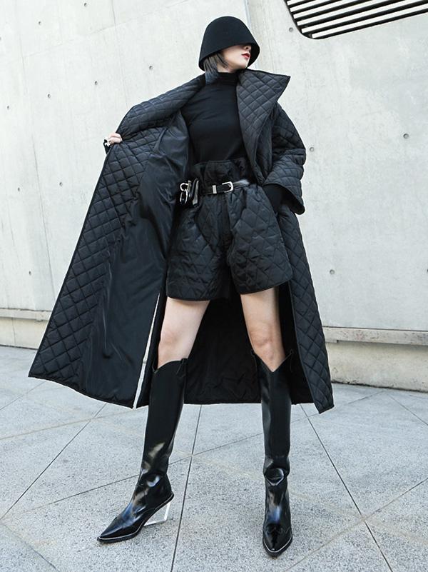 Black Rhombic Split-Side High Collar Long Coat - Image 5