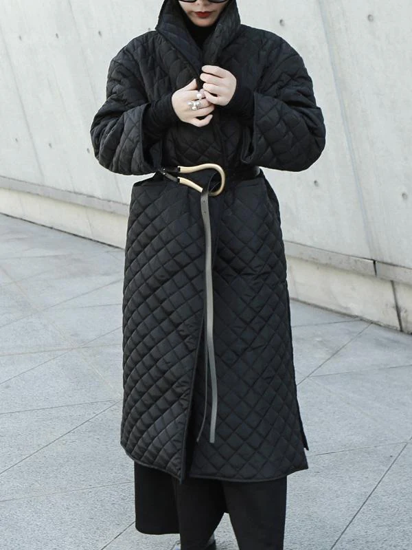 Black Rhombic Split-Side High Collar Long Coat - Image 6