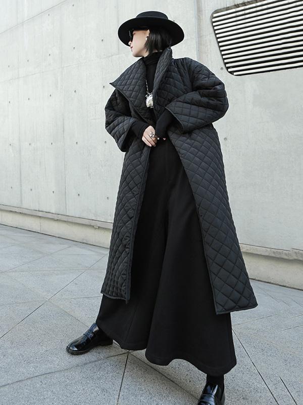 Black Rhombic Split-Side High Collar Long Coat - Image 7