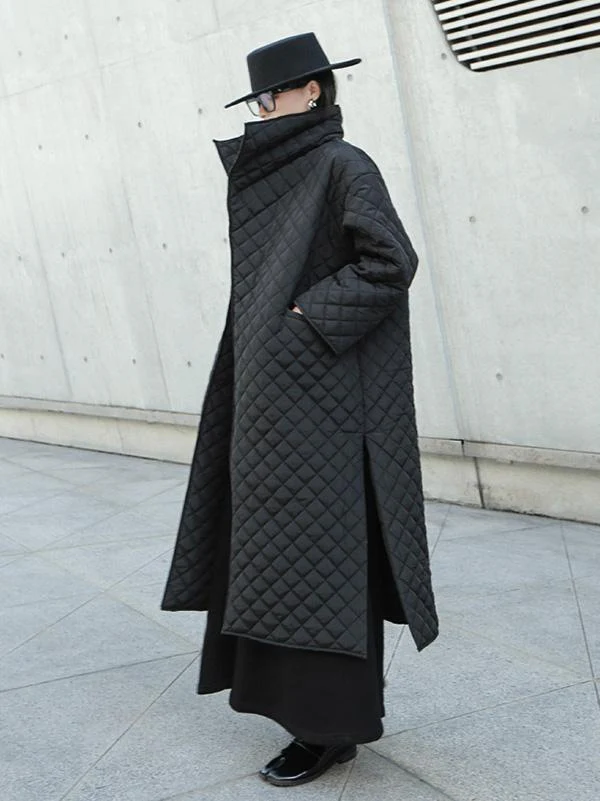 Black Rhombic Split-Side High Collar Long Coat - Image 8