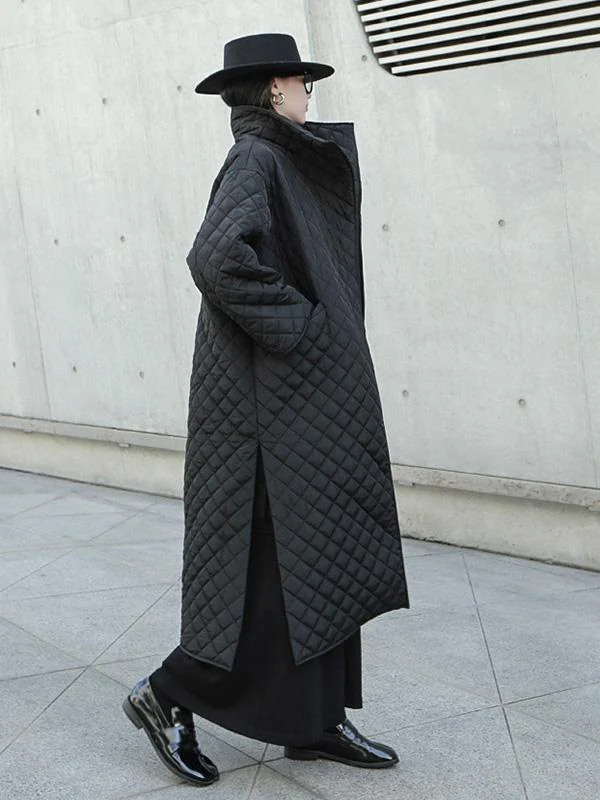Black Rhombic Split-Side High Collar Long Coat - Image 9