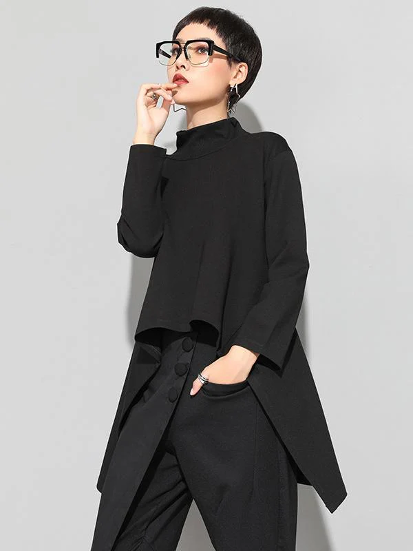 Black Zipper Long Sleeves Swallow-Tailed T-Shirt - Image 2