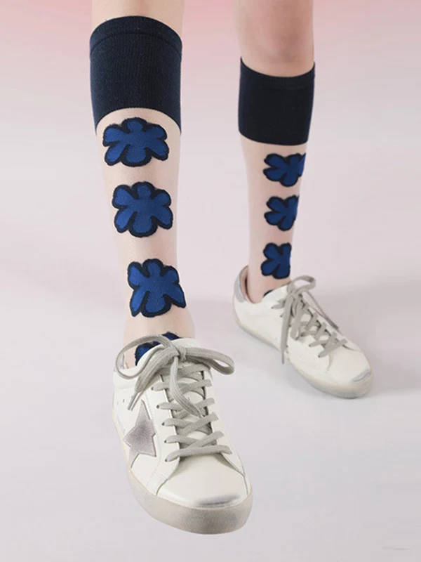 Blue Black Knitted Flower Socks Accessories - Image 2