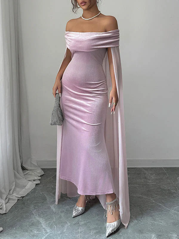 Bodycon Cape Solid Color Velvet Off-the-shoulder Midi Dresses - Image 3