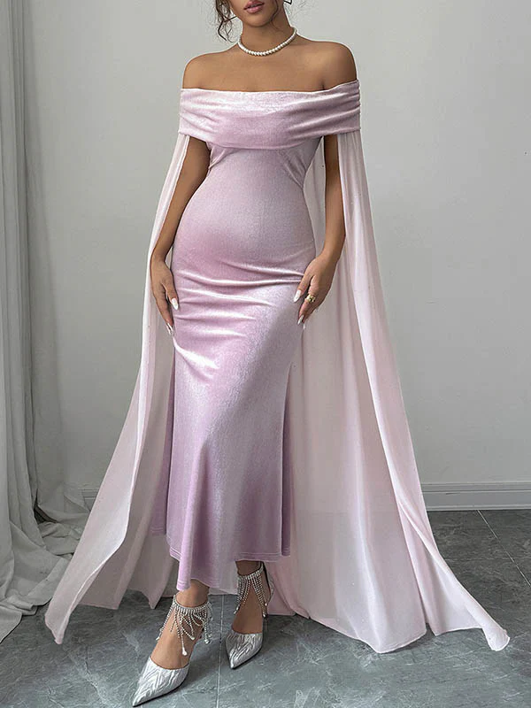 Bodycon Cape Solid Color Velvet Off-the-shoulder Midi Dresses - Image 4