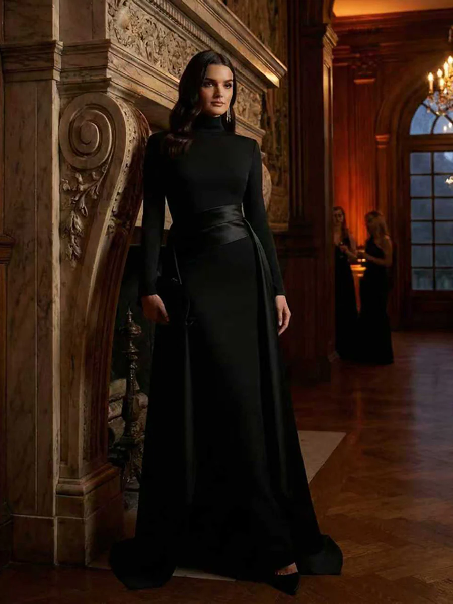 Bodycon Elasticated Waist Asymmetric Solid Color Split-Joint High Neck Maxi Dresses - Image 2
