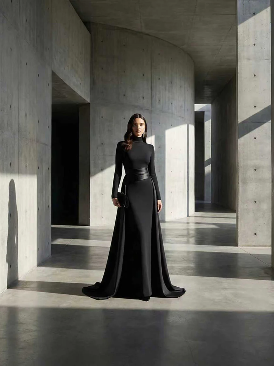 Bodycon Elasticated Waist Asymmetric Solid Color Split-Joint High Neck Maxi Dresses - Image 3