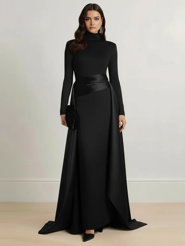 Bodycon Elasticated Waist Asymmetric Solid Color Split-Joint High Neck Maxi Dresses - Image 4