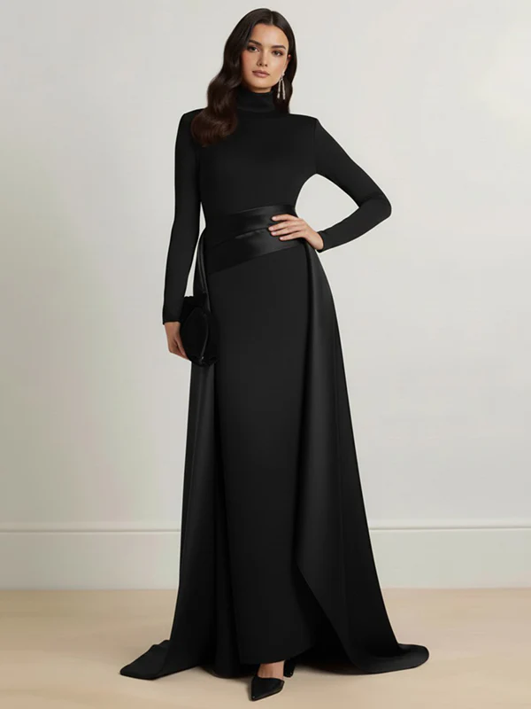 Bodycon Elasticated Waist Asymmetric Solid Color Split-Joint High Neck Maxi Dresses - Image 5