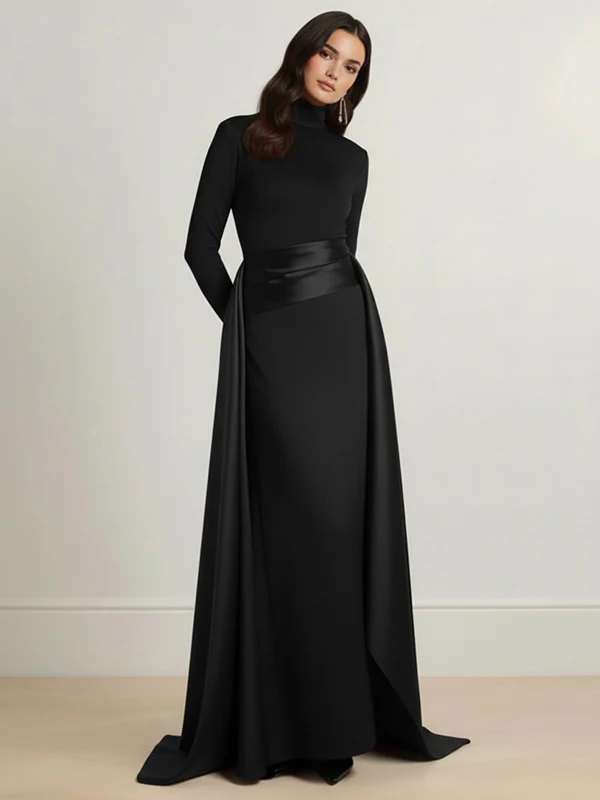 Bodycon Elasticated Waist Asymmetric Solid Color Split-Joint High Neck Maxi Dresses - Image 6