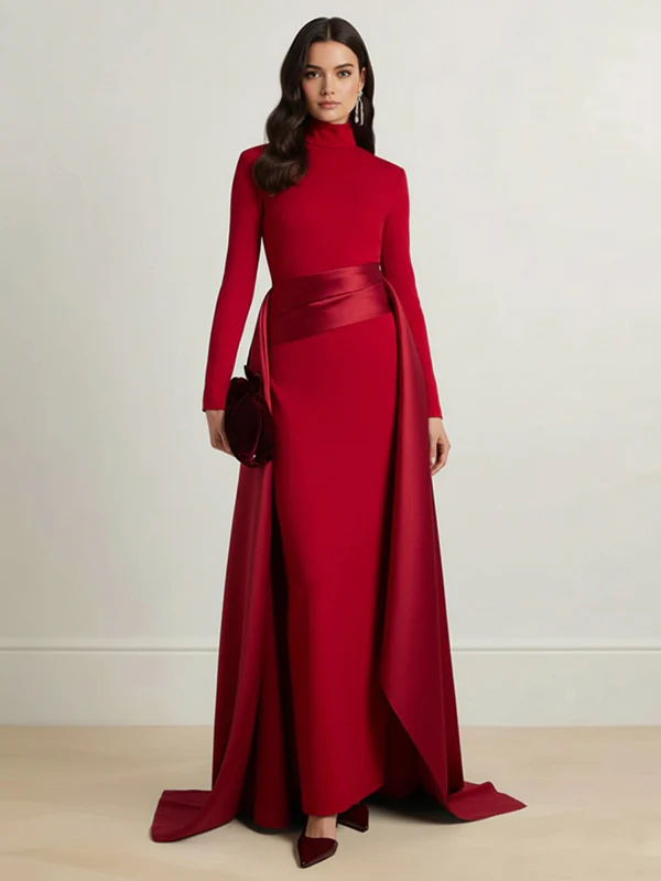 Bodycon Elasticated Waist Asymmetric Solid Color Split-Joint High Neck Maxi Dresses - Image 7