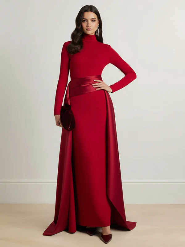Bodycon Elasticated Waist Asymmetric Solid Color Split-Joint High Neck Maxi Dresses - Image 8