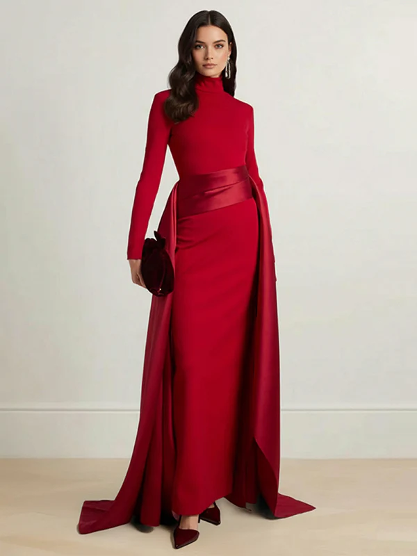 Bodycon Elasticated Waist Asymmetric Solid Color Split-Joint High Neck Maxi Dresses - Image 9