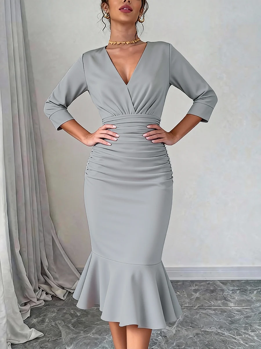 Bodycon Elasticated Waist Interlace Solid Color Split-Joint Split-Side Deep V-Neck Midi Dresses - Image 5
