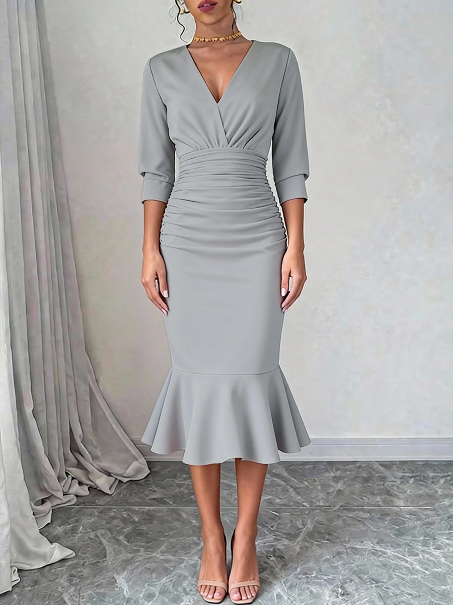 Bodycon Elasticated Waist Interlace Solid Color Split-Joint Split-Side Deep V-Neck Midi Dresses - Image 6