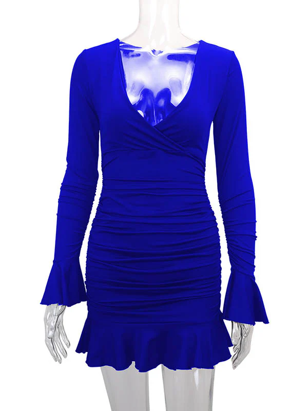 Bodycon Elasticated Waist Pleated Ruffled Solid Color Split-Joint V-Neck Midi Dresses - Image 10