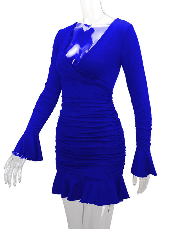 Bodycon Elasticated Waist Pleated Ruffled Solid Color Split-Joint V-Neck Midi Dresses - Image 11