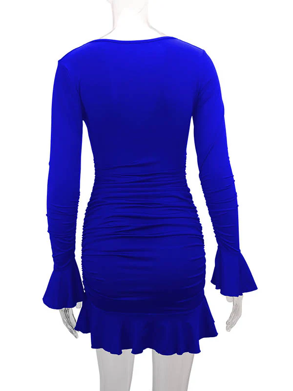 Bodycon Elasticated Waist Pleated Ruffled Solid Color Split-Joint V-Neck Midi Dresses - Image 12