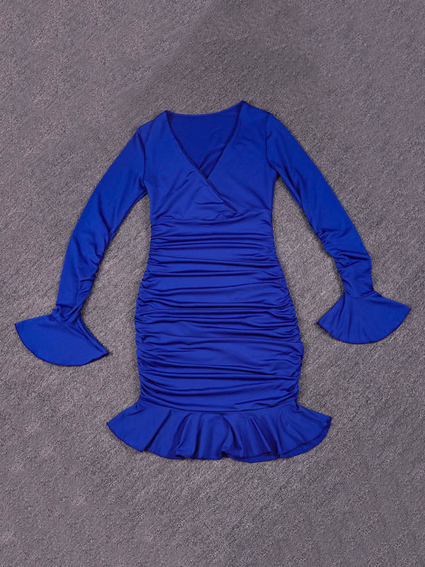 Bodycon Elasticated Waist Pleated Ruffled Solid Color Split-Joint V-Neck Midi Dresses - Image 13